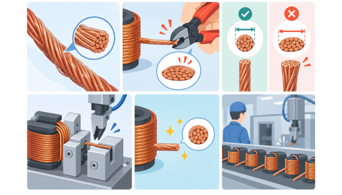 Unstable Dimensions When Cutting Litz Wire Ends | How Dedicated Jigs and Automation Prevent Lead Wire Crushing and Dimensional Overrun